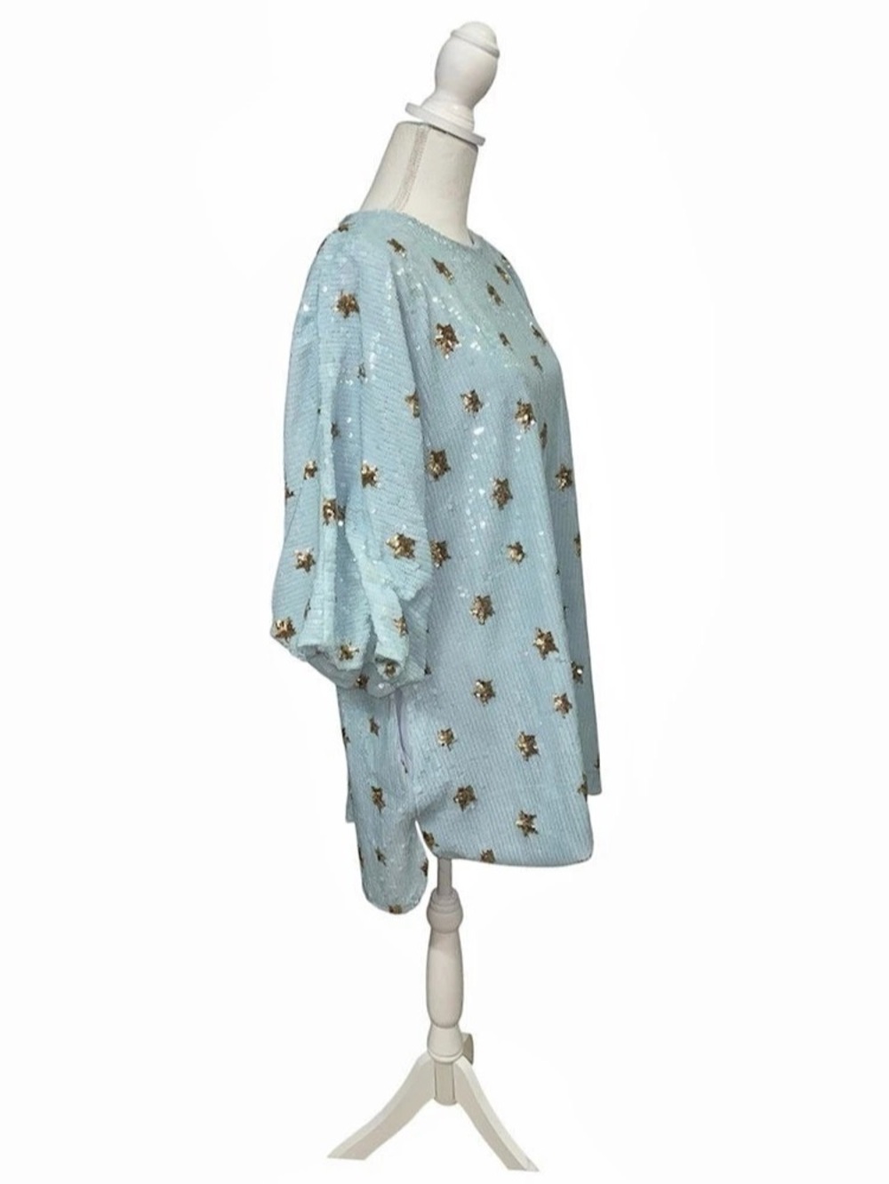 Mable Light Blue Sequin Star Mini Dress Small S Shift Tunic Balloon Sleeve $68 - Picture 4 of 6